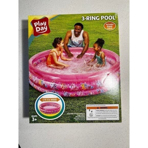 Play Day 3-Ring Inflatable Pool 5 Ft 5 In Wide Pink Unicorn Design Ages 3+ Inclu - Picture 2 of 4